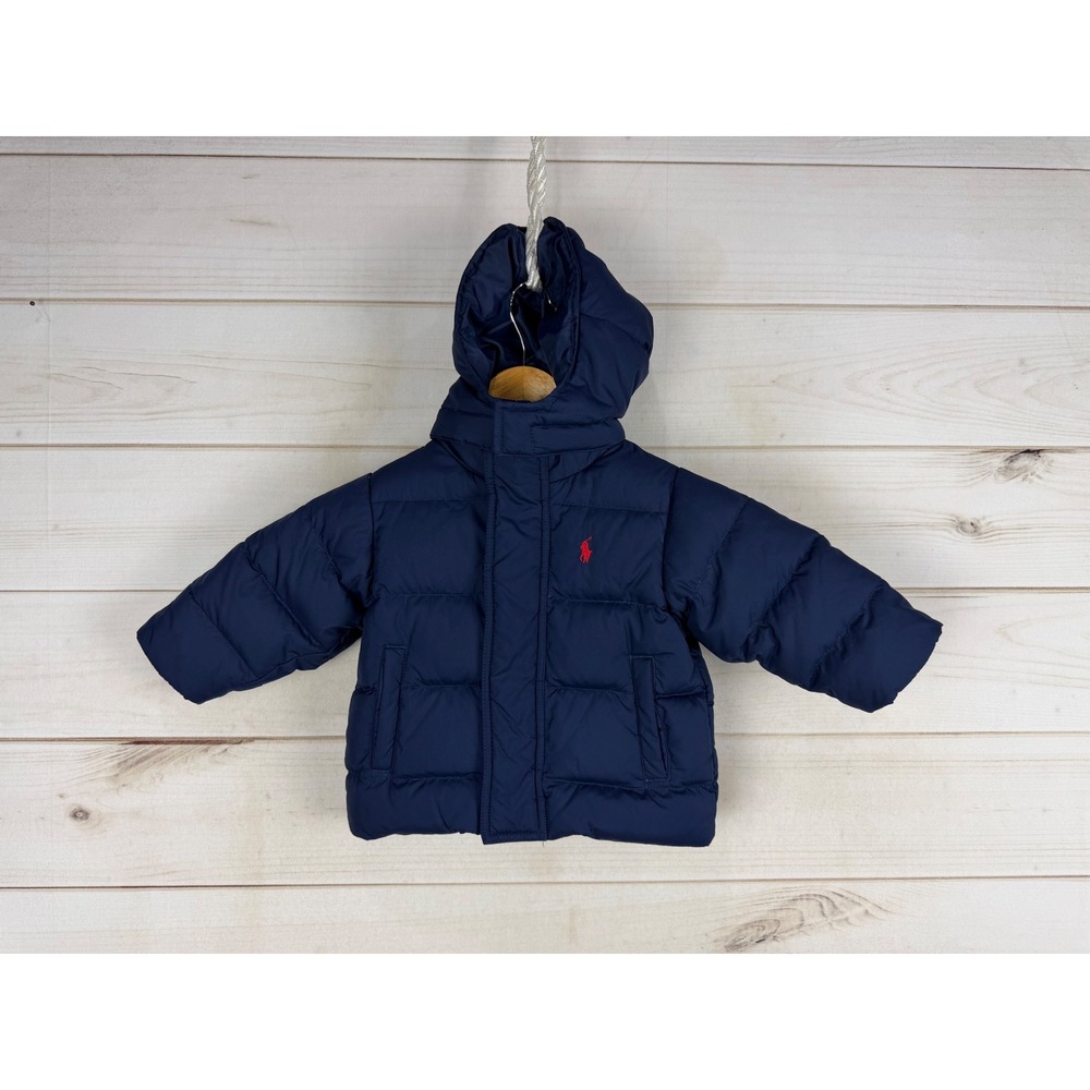 Polo Ralph Lauren Jacket Baby Boy 9M Navy Blue Down Puffer Detachable Hood